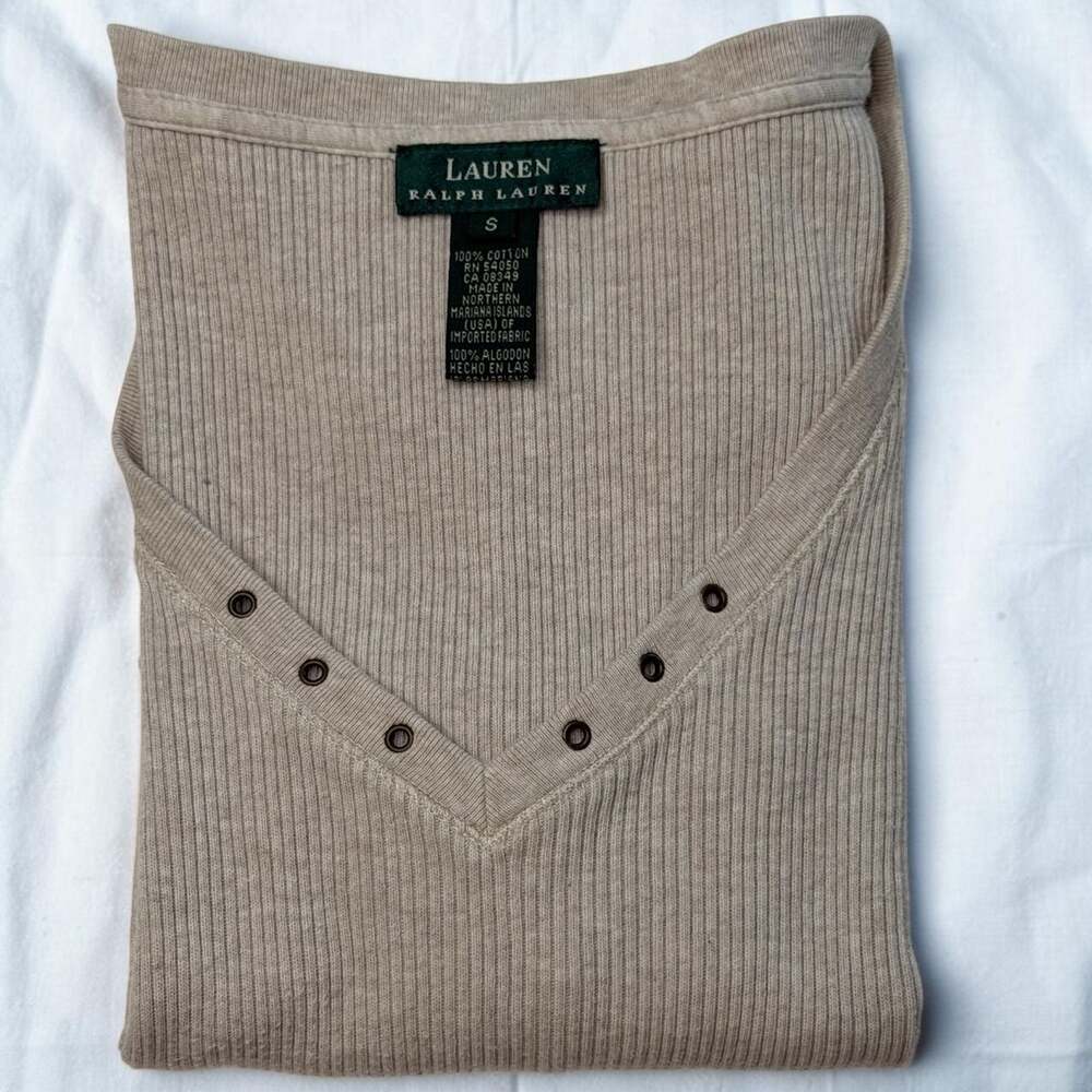 Y2K Ralph Lauren Taupe Ribbed V-Neck Baby Tee S
